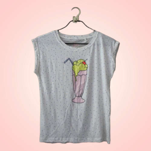 Super Cute Boxy T shirt with Milkshake Print and Blue Polka Dots (Size14)