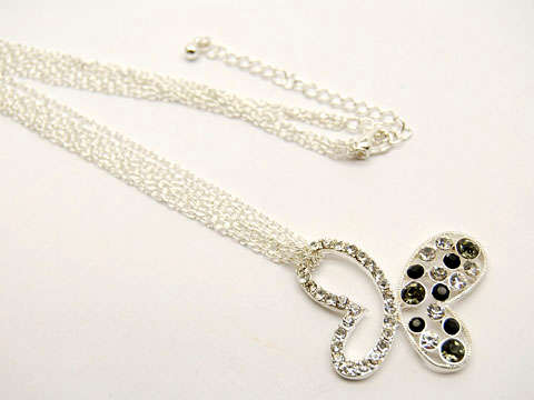 STUNNING BLACK & WHITE AUSTRIAN CRYSTAL BUTTERFLY PENDANT ON CHAIN