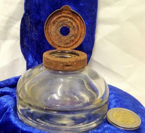 Dump Bottle of the 19th Century` BOTTLES *Glass Inkwell has rusted LIFT UP lid with hole in
