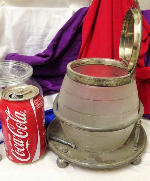 SHIPS- PEWTER METAL STAND WITH  GLASS LIDDED JAR -FROSTED TOCLEAR SQUARES DECOR - STURDY  STA