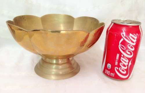 Brass Bowl solid large LOTUS flower Center Piece H 22 cm W.D. 18.5 cm SCALLOPED FOOTED RIBBED