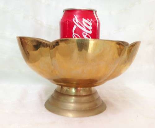 Brass Bowl solid large LOTUS flower Center Piece H 22 cm W.D. 18.5 cm SCALLOPED FOOTED RIBBED