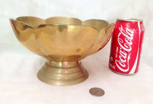 Brass Bowl solid large LOTUS flower Center Piece H 22 cm W.D. 18.5 cm SCALLOPED FOOTED RIBBED