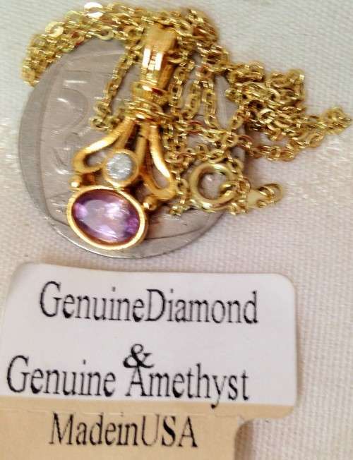GENUINE AMETHYST+DIAMOND CHIPgold Tone Metal+chain circa 1965L@@K *BUY NOW*LISTINGS NO WAITING