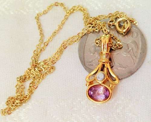 GENUINE AMETHYST+DIAMOND CHIPgold Tone Metal+chain circa 1965L@@K *BUY NOW*LISTINGS NO WAITING