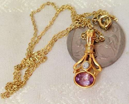 GENUINE AMETHYST+DIAMOND CHIPgold Tone Metal+chain circa 1965L@@K *BUY NOW*LISTINGS NO WAITING