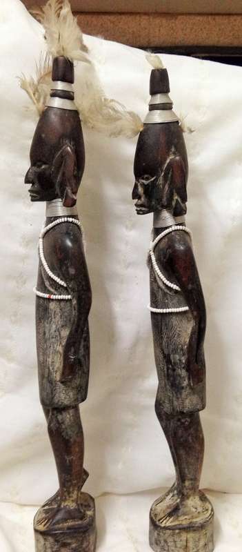 *EXCEPTIONAL**2 Hand CARVEDWARRIOR*wood  bead work/feathers/neckrings!!GREAT HOME DECOR*L@@katMyBUY