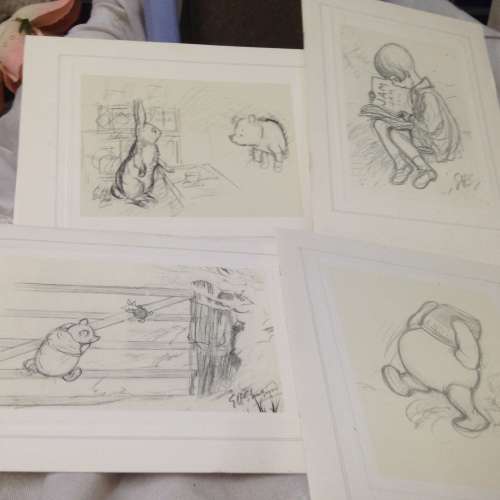 4 Framed with Glass Disney Post cards  *POO BEAR+ HONEY POT`+gate/chritopher robin/rabbit