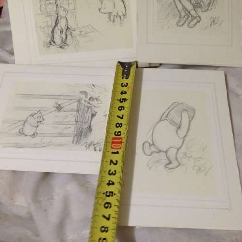 4 Framed with Glass Disney Post cards  *POO BEAR+ HONEY POT`+gate/chritopher robin/rabbit