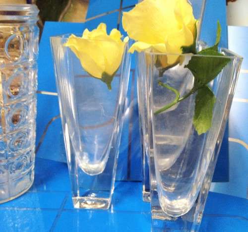 VASE - same size +style 4 CLEAR GLASS VASES-WITH TAPERING TOP SQUARE DESIGN bid per each vase