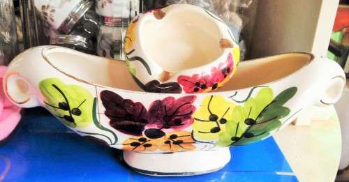 2 ITEMS-ITALY  LARGE*GONDOLA SHAPE VASE -2 HANDLES `1350` AUTUNNO-HAND PAINTED+*MATCHING ASHTRAY