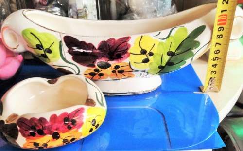 2 ITEMS-ITALY  LARGE*GONDOLA SHAPE VASE -2 HANDLES `1350` AUTUNNO-HAND PAINTED+*MATCHING ASHTRAY