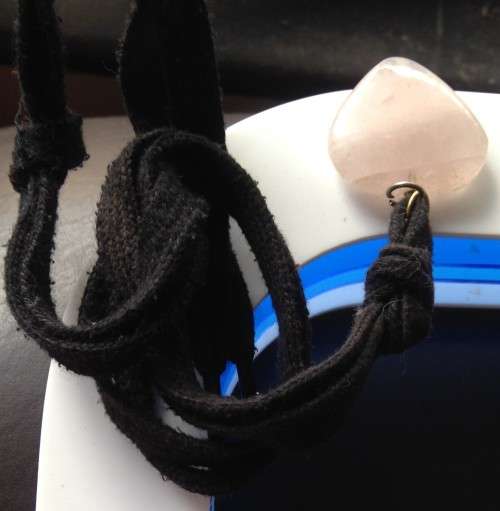 VINTAGE SEMI PRECIOUS ROSE QUARTZ -PINK  HEART STONE -ON BLACK LACES CORD