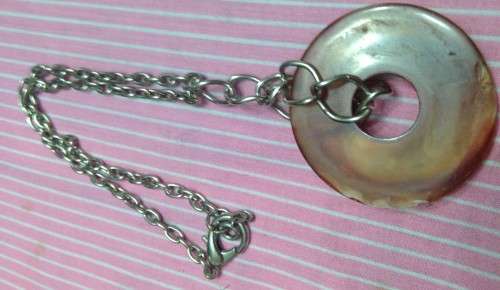 NECKLACE- DOUGNUT  ACRYLIC SHAPE -STICKon CRYSTALS+A MIXED SHAPE SILVER TONE CHAIN-FASHION JEWELLERY