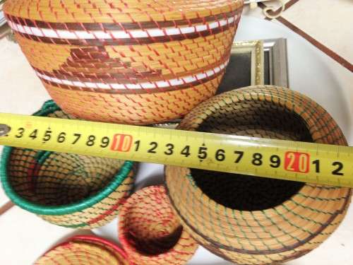 EXCEPTIONAL QUALITY Ethnic 4 items  SMALL HAND WOVEN[3 LIDDED 1not] BASKETS -VENDA TRIBAL ART DESIGN