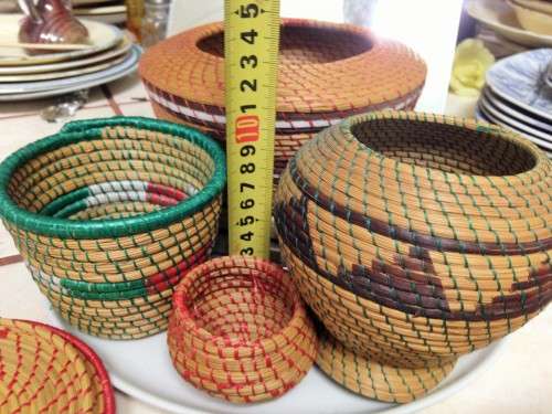 EXCEPTIONAL QUALITY Ethnic 4 items  SMALL HAND WOVEN[3 LIDDED 1not] BASKETS -VENDA TRIBAL ART DESIGN