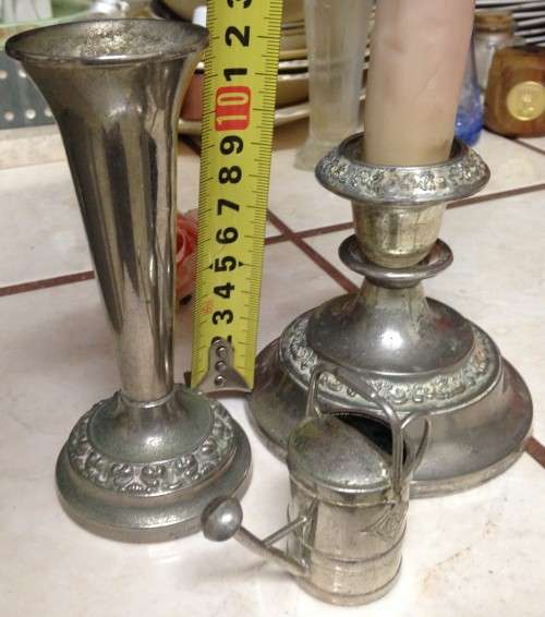 AWESOME !!!SILVER PLATED *1 VASE+*1CANDLE HOLDERS+ MINI WATER CAN!!!!! EXQUISITE INTRICATE PATTERN