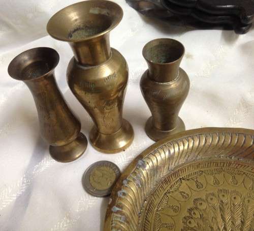 BRASS 3 x Posy Vases +1 Small tray TRAY ORNAMENT!!GREAT COUNTRY HOME DECOR