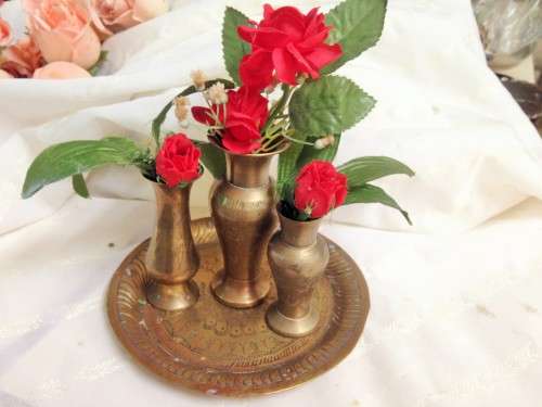 BRASS 3 x Posy Vases +1 Small tray TRAY ORNAMENT!!GREAT COUNTRY HOME DECOR