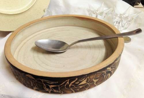 *POTTERY` shallow dish bowl Sides decorated !!Artist signed* Kim*