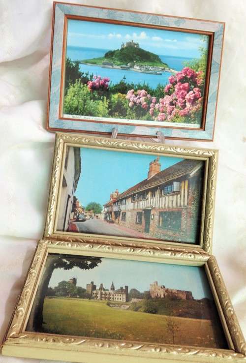 3 COLOUR *ENGLISH POST CARDS*FRAMES WITH GLASS*BEAUTIFUL!!GREAT COUNTRY HOME DECOR!!