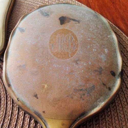 VINTAGE MIRROR*BEVELED*Monograme MB*hand held metal*Damage!!GREAT COUNTRY HOME DECOR!!!!