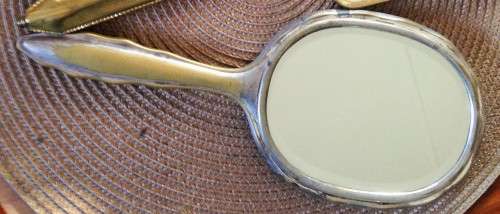 VINTAGE MIRROR*BEVELED*Monograme MB*hand held metal*Damage!!GREAT COUNTRY HOME DECOR!!!!