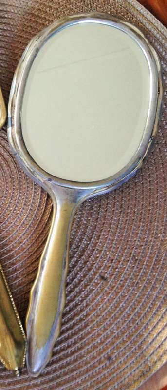 VINTAGE MIRROR*BEVELED*Monograme MB*hand held metal*Damage!!GREAT COUNTRY HOME DECOR!!!!