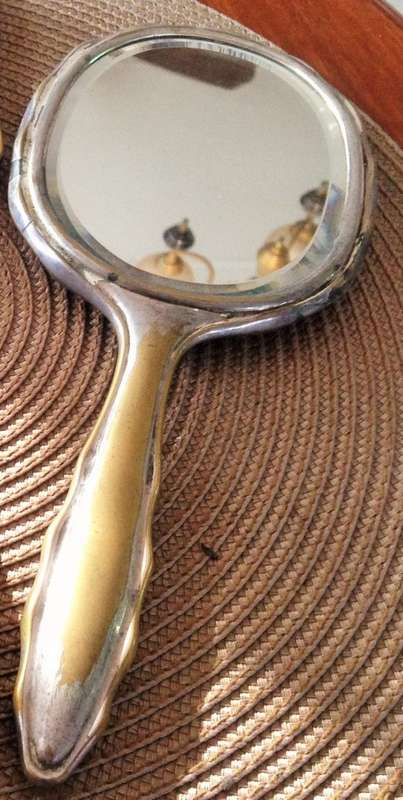 VINTAGE MIRROR*BEVELED*Monograme MB*hand held metal*Damage!!GREAT COUNTRY HOME DECOR!!!!