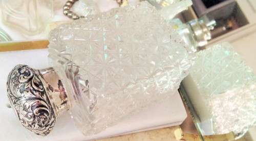 HALLMARKED SILVER COLLAR ON LIFT OFF LID( hallmark pictures)CRYSTAL+STOPPER-PERFUME BOTTLE *damage