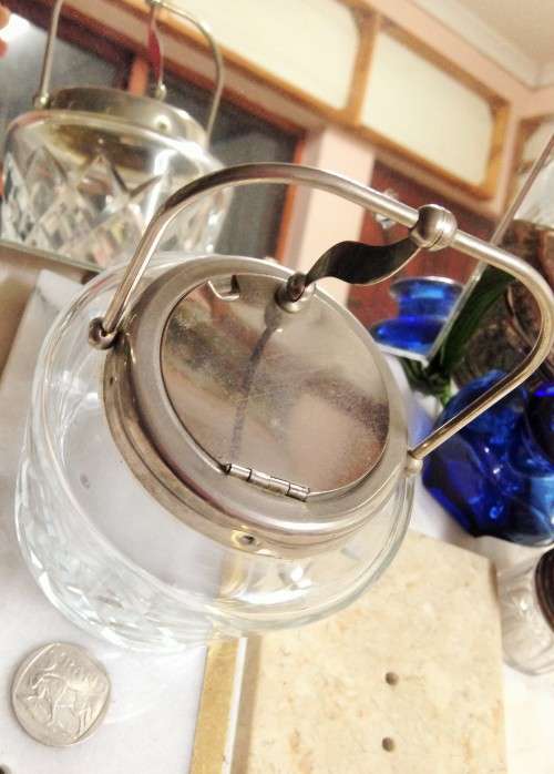 JAR crystal glass diamond cut hinge lid plated Crystal salt