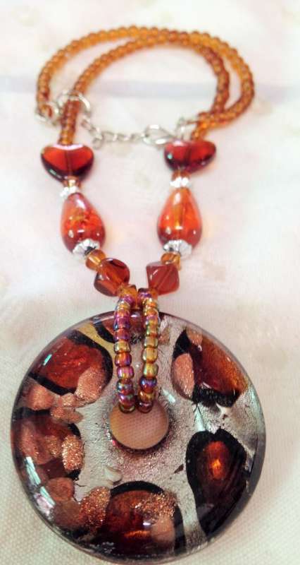 Necklace MURANO Italy glass Silver foil lampwork Pendant + Amber heart long drops glass beads