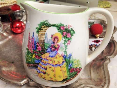 Big custard JUG CHINTZ -ELIJAH COTTON -CRINOLINE LADY  Bone China Staffordshire England some chips
