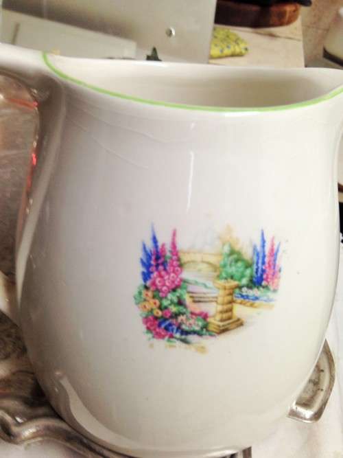 Big custard JUG CHINTZ -ELIJAH COTTON -CRINOLINE LADY  Bone China Staffordshire England some chips