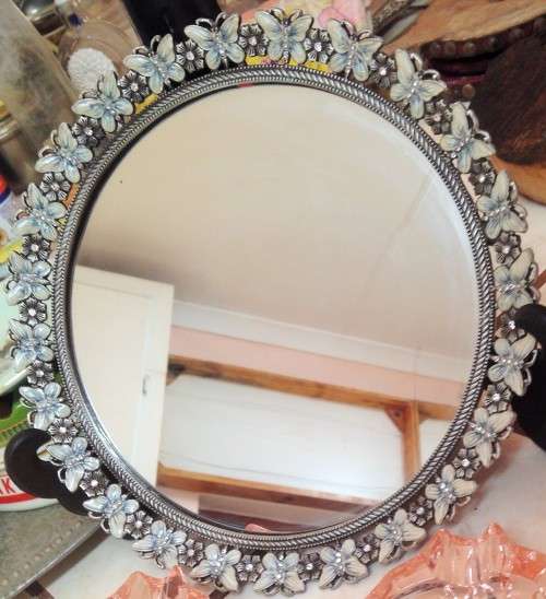 BUTTERFLYS ENAMELED FLOWERS CRYSTALS*MIRROR TRAY*GREAT COUNTRY HOME DECOR*L@@KatMy*BUYNOW*NO WAITING