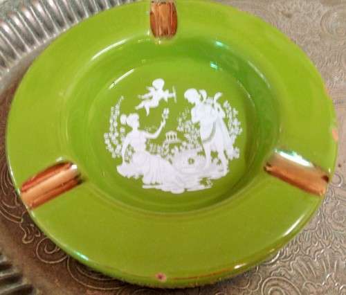 ITALIAN*Ceramic ASHTRAY Green + Gilt chips