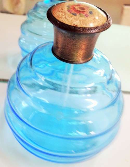 Art Deco steps Glass Perfume bottle BRASS Stopper Embroidery Lid LOOK At My BUY NOW