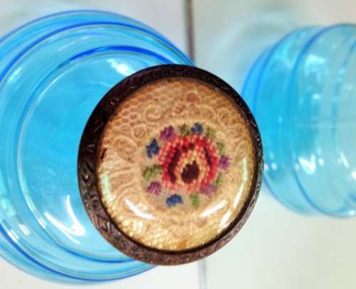 Art Deco steps Glass Perfume bottle BRASS Stopper Embroidery Lid LOOK At My BUY NOW