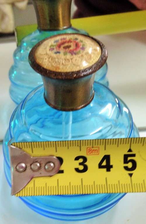 Art Deco steps Glass Perfume bottle BRASS Stopper Embroidery Lid LOOK At My BUY NOW