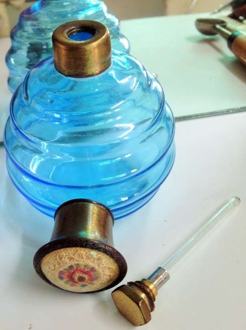 Art Deco steps Glass Perfume bottle BRASS Stopper Embroidery Lid LOOK At My BUY NOW