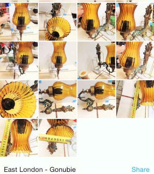 2bid per each onexFRENCH FleurdesignBRASScoat*RIBBED AMBER GLASS SHADE *GREAT COUNTRY HOME DECOR