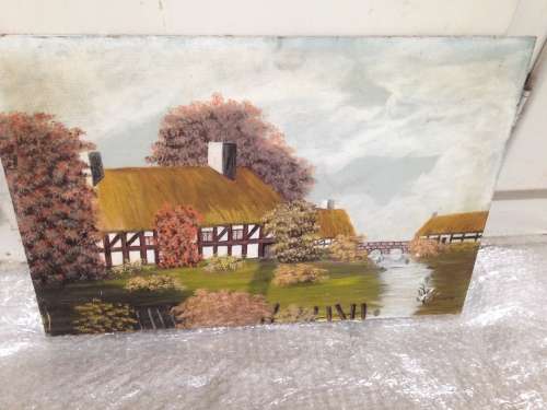 PAINTING artist miggs 93 Oil on board LANDSCAPE -RURAL HOUSE RIVER PRETTY TREES  DOUBLE ARCH