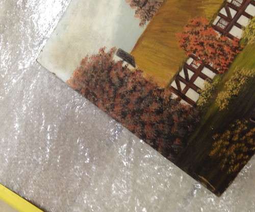 PAINTING artist miggs 93 Oil on board LANDSCAPE -RURAL HOUSE RIVER PRETTY TREES  DOUBLE ARCH