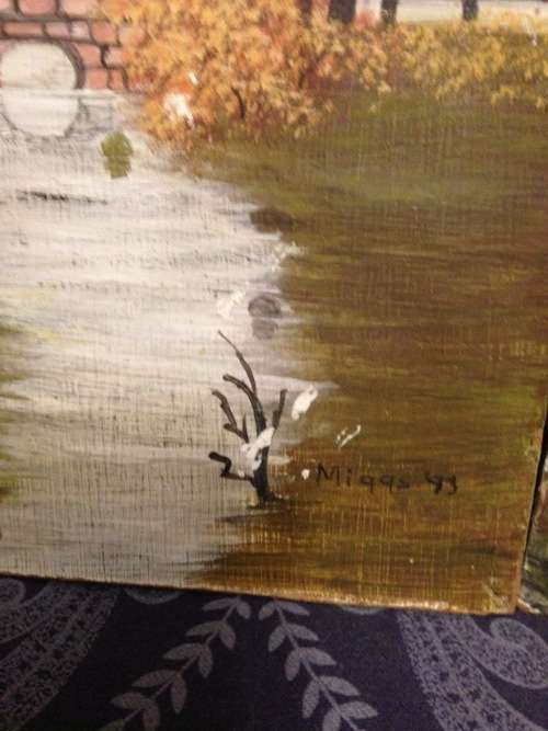 PAINTING artist miggs 93 Oil on board LANDSCAPE -RURAL HOUSE RIVER PRETTY TREES  DOUBLE ARCH