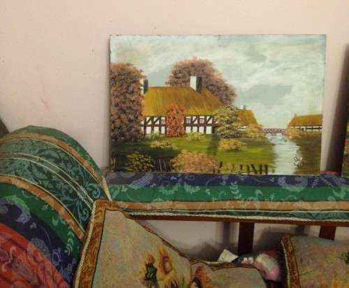 PAINTING artist miggs 93 Oil on board LANDSCAPE -RURAL HOUSE RIVER PRETTY TREES  DOUBLE ARCH