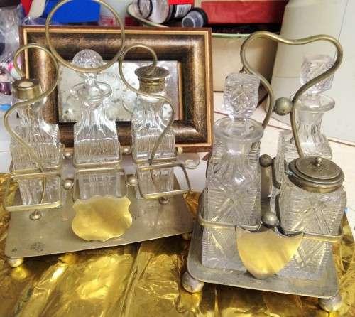 SALTS - CONDIMENTS 2 x mix Tray HOLDER+7 Crystal bottles CONDIMENT