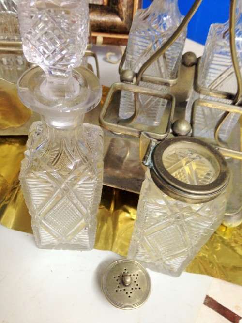 SALTS - CONDIMENTS 2 x mix Tray HOLDER+7 Crystal bottles CONDIMENT