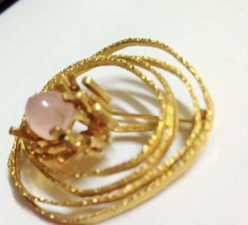 BROOCH - ROLLED GOLD ROSE QUARTZ*SEMI PRECIOUS GEM STONE GERMANY LOOK at My BUY NOW ltems NO WAITING