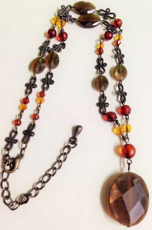 Necklace -  Red CRYSTALS cut  Glass faceted large Pendant Smokey looking Bead and smaller mix