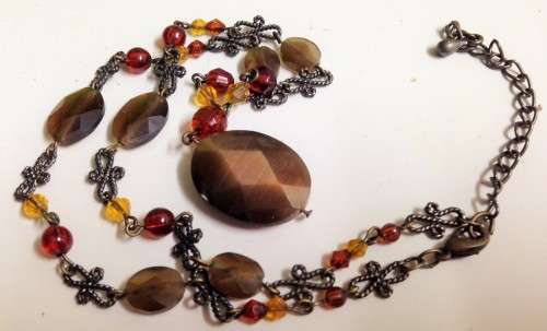 Necklace -  Red CRYSTALS cut  Glass faceted large Pendant Smokey looking Bead and smaller mix